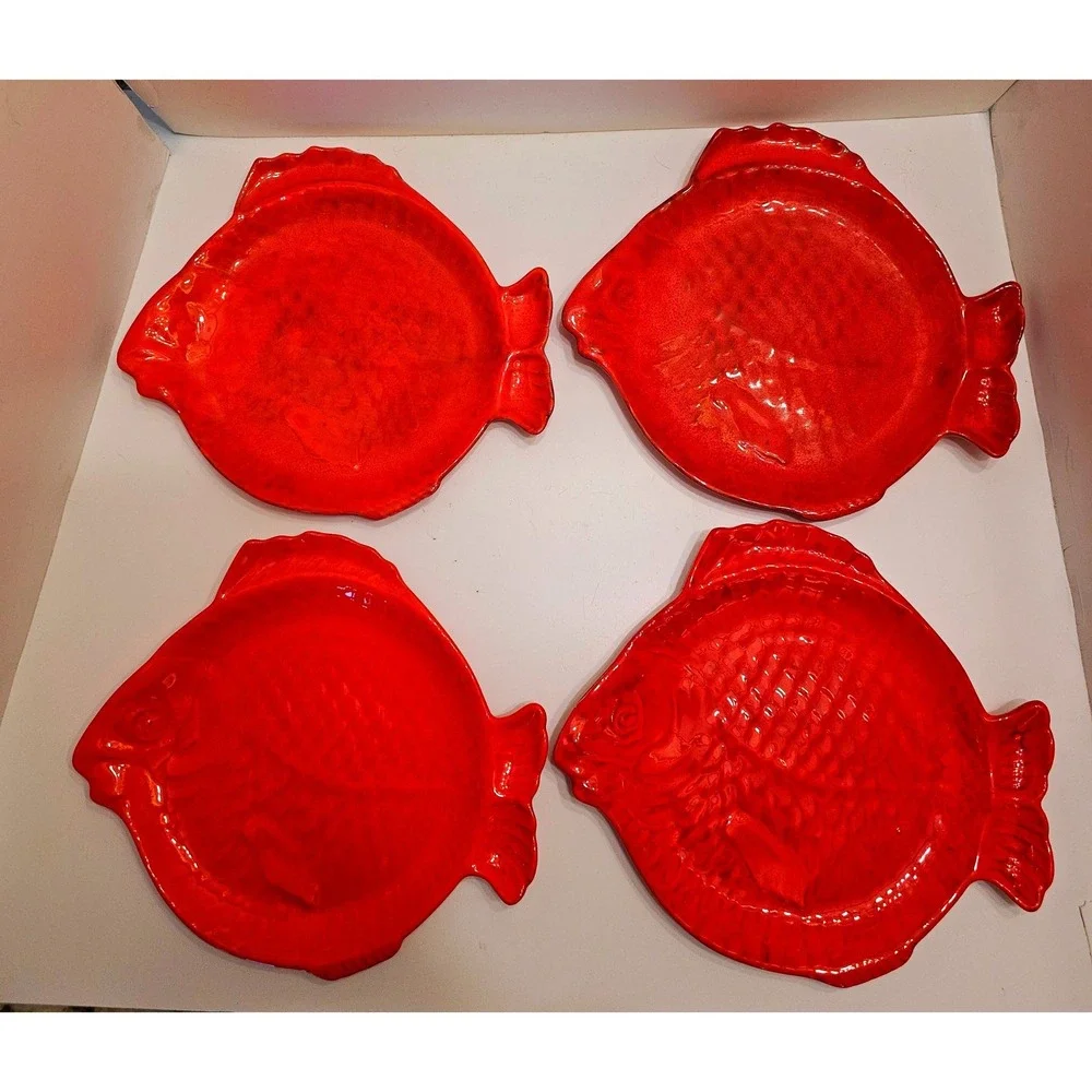Vintage Holland Mold Red Ceramic Fish Plates S/4 MCM Nautical Signed‎ Pickle
